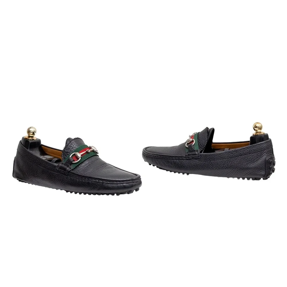 Gucci Mens Black Pebble Leather Horsebit Web Driving Loafers UK 8G US 9G w/ Box